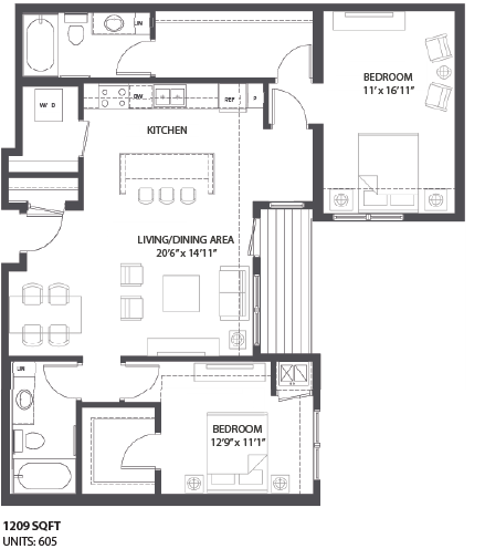 Floor plan for 2 beds, 2 baths, 1209 sqft